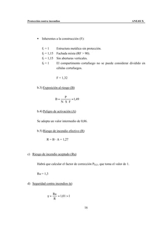 Protección contra incendios                                                       ANEJO X




       •    Inherentes a la construcción (F):


            f1 = 1      Estructura metálica sin protección.
            f2 = 1,15   Fachada mixta (RF > 90).
            f3 = 1,15   Sin aberturas verticales.
            f4 = 1      El compartimento cortafuego no se puede considerar dividido en
                        células cortafuegos.


                        F = 1,32


       b.3) Exposición al riesgo (B)

                                 P
                        B=            = 1,49
                              N ⋅S⋅ F

       b.4) Peligro de activación (A)


       Se adopta un valor intermedio de 0,86.


       b.5) Riesgo de incendio efectivo (R)

               R = B · A = 1,27



c) Riesgo de incendio aceptado (Ru)


       Habrá que calcular el factor de corrección PH,E, que toma el valor de 1.


       Ru = 1,3


d) Seguridad contra incendios (γ)


                     Ru
                γ=      = 1,01 > 1
                     R

                                               16
 