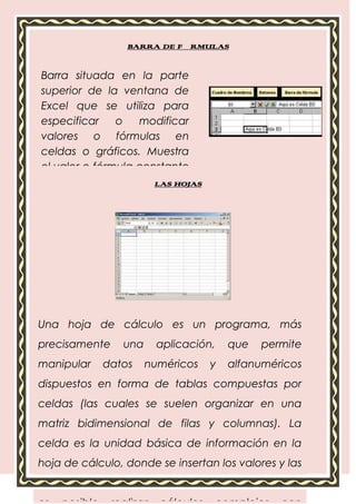 BARRA DE FÓRMULAS


Barra situada en la parte
superior de la ventana de
Excel que se utiliza para
especificar    o   modificar
valores o fórmulas en
celdas o gráficos. Muestra
el valor o fórmula constante
almacenada en la LAS HOJAS
                      celda
activa.




Una hoja de cálculo es un programa, más
precisamente    una    aplicación,    que   permite
manipular   datos     numéricos   y   alfanuméricos
dispuestos en forma de tablas compuestas por
celdas (las cuales se suelen organizar en una
matriz bidimensional de filas y columnas). La
celda es la unidad básica EN EXCEL
                FUNCIONES de información en la

hoja de cálculo, donde se insertan los valores y las
fórmulas que realizan los cálculos. Habitualmente
 