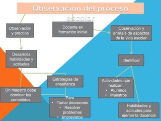 Observación            Docente en              Observación y
  y practica         formación inicial        análisis de aspectos
                                               de la vida escolar



   Desarrolla
  habilidades y                                    Identificar
    actitudes


                  Estrategias de         Actividades que
                   enseñanza                 realizan:
Un maestro debe                            • Alumnos
  dominar los                             • Maestros
   contenidos           Para
                  • Tomar decisiones
                     • Resolver                       Habilidades y
                       problemas                      actitudes para
                    • Imprevistos                  ejercer la docencia
 