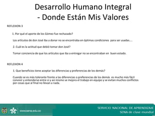 Desarrollo Humano Integral
                      - Donde Están Mis Valores
REFLEXION 3

   1. Por qué el aporte de los Gómez fue rechazado?

    Los artículos de don José iba a donar no se encontraba en óptimas condiciones para ser usadas....

    2. Cuál es la actitud que debió tomar don José?

    Tomar conciencia de que los artículos que iba a entregar no se encontraban en buen estado.


REFLEXION 4

    1. Que beneficios tiene aceptar las diferencias y preferencias de los demás?

    Cuando se es más tolerante frente a las diferencias o preferencias de los demás es mucho más fácil
    convivir y entenderse entre sí y así mismo se mejora el trabajo en equipo y se evitan muchos conflictos
    por cosas que al final no llevan a nada.
 