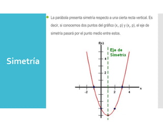 Simetría
 La parábola presenta simetría respecto a una cierta recta vertical. Es 
decir, si conocemos dos puntos del gráfico (x1, p) y (x2, p), el eje de 
simetría pasará por el punto medio entre estos.
 