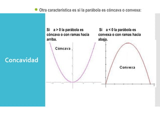 Concavidad
Otra característica es si la parábola es cóncava o convexa:
Si  a > 0 la parábola es
cóncava o con ramas hacia
arriba.
  
Si  a < 0 la parábola es
convexa o con ramas hacia
abajo.
 