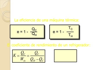 La eficiencia de una máquina térmica:
e = 1 -
QC
QH
e = 1 -
TC
TH
El coeficiente de rendimiento de un refrigerador:
C C
in H C
Q Q
K
W Q Q
 