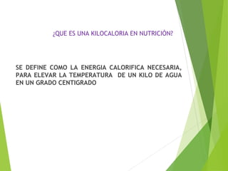 ¿QUE ES UNA KILOCALORIA EN NUTRICIÒN?
SE DEFINE COMO LA ENERGIA CALORIFICA NECESARIA,
PARA ELEVAR LA TEMPERATURA DE UN KILO DE AGUA
EN UN GRADO CENTIGRADO
 