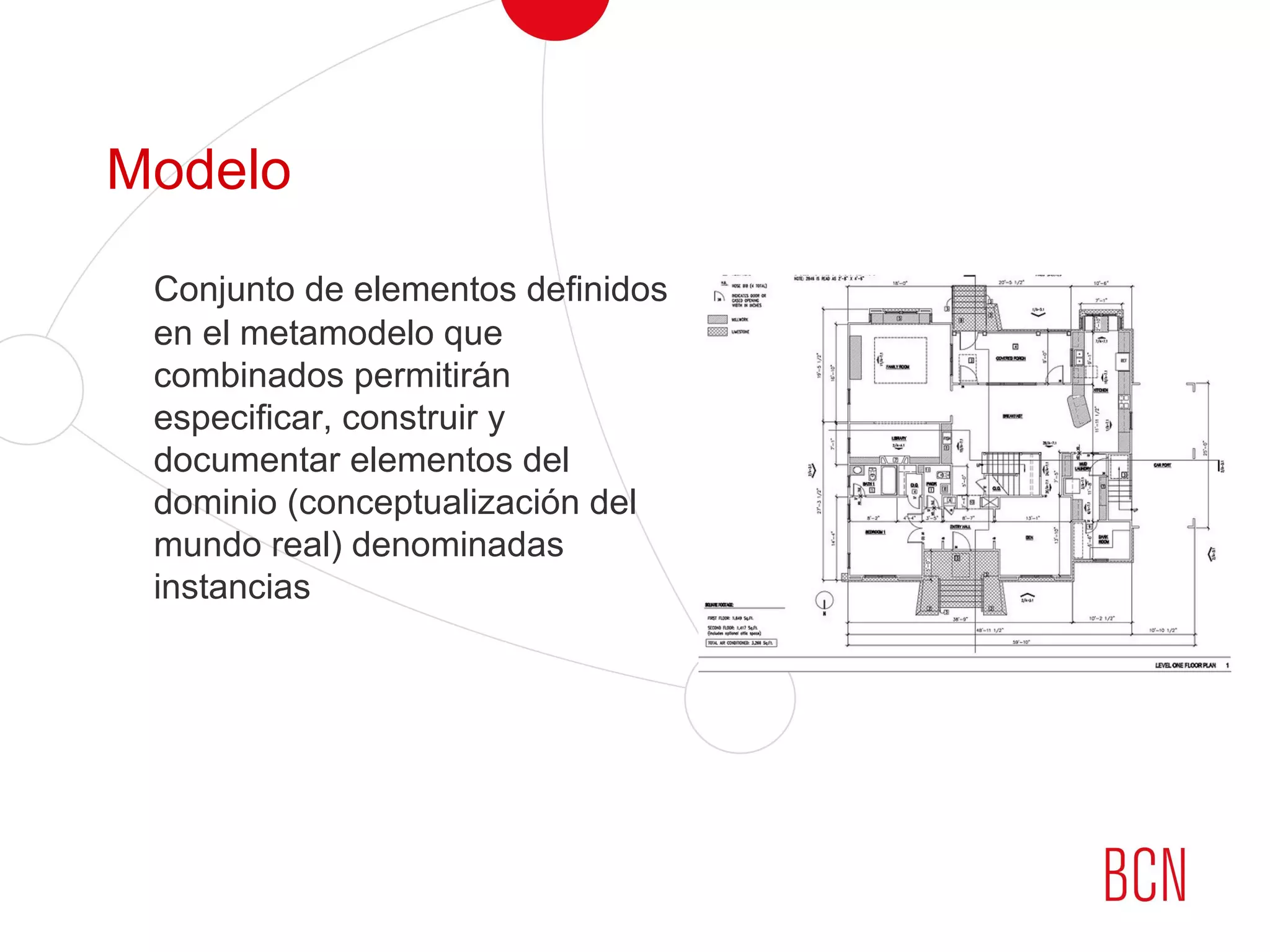 Modelo
Conjunto de elementos definidos
en el metamodelo que
combinados permitirán
especificar, construir y
documentar elementos del
dominio (conceptualización del
mundo real) denominadas
instancias
 
