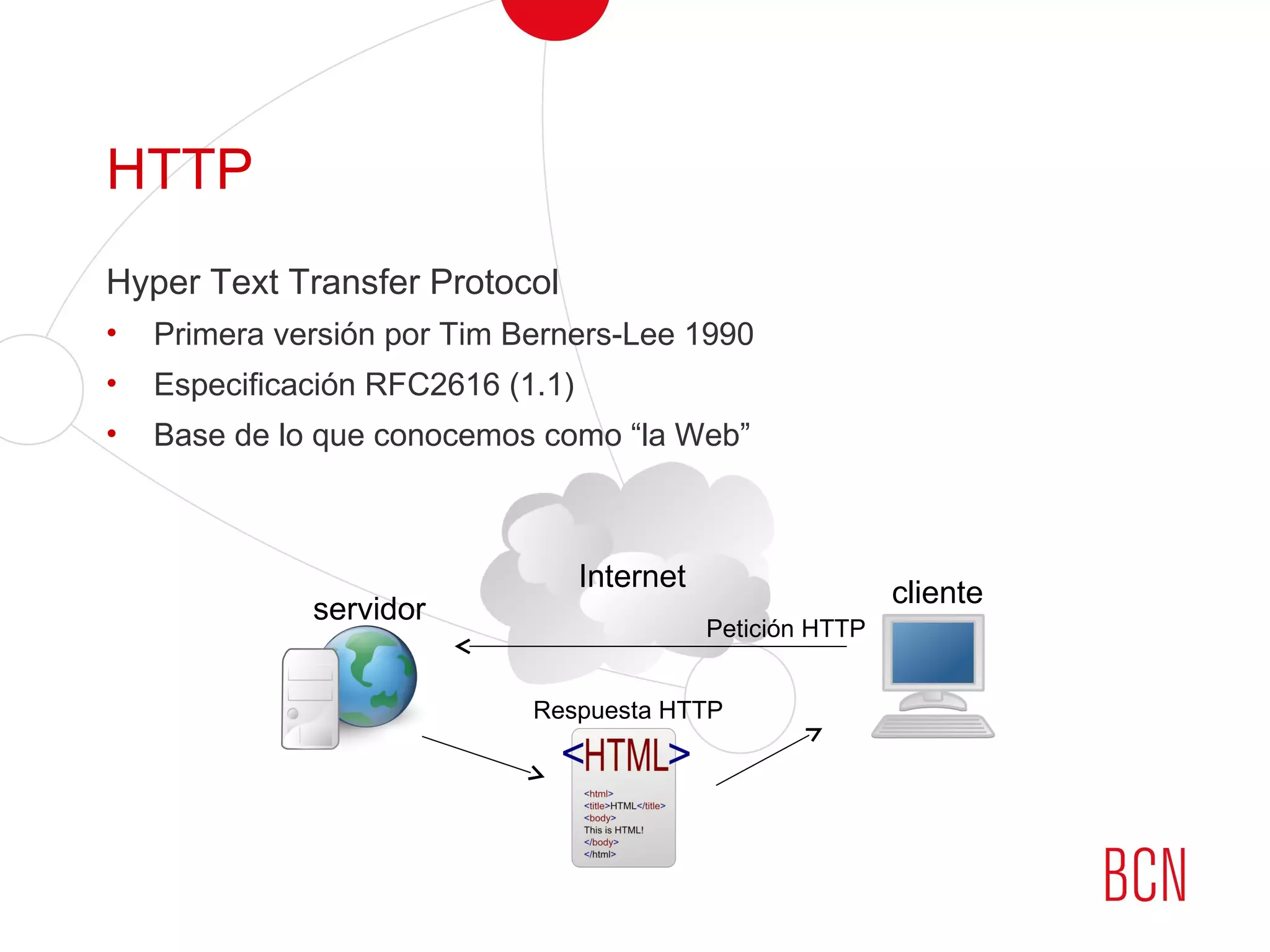 HTTP
Hyper Text Transfer Protocol
• Primera versión por Tim Berners-Lee 1990
• Especificación RFC2616 (1.1)
• Base de lo que conocemos como “la Web”
cliente
servidor
Internet
Petición HTTP
Respuesta HTTP
 