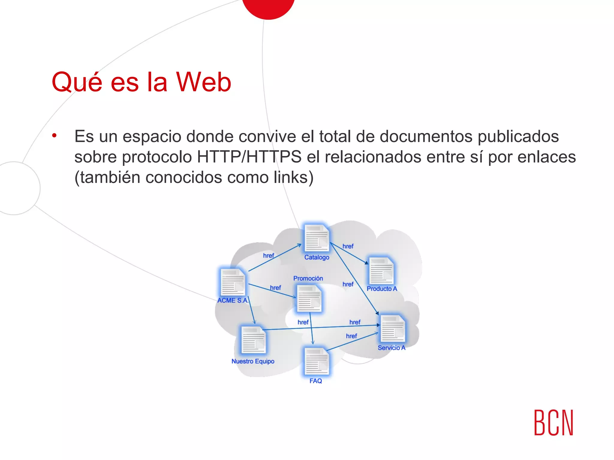 Qué es la Web
• Es un espacio donde convive el total de documentos publicados
sobre protocolo HTTP/HTTPS el relacionados entre sí por enlaces
(también conocidos como links)
 