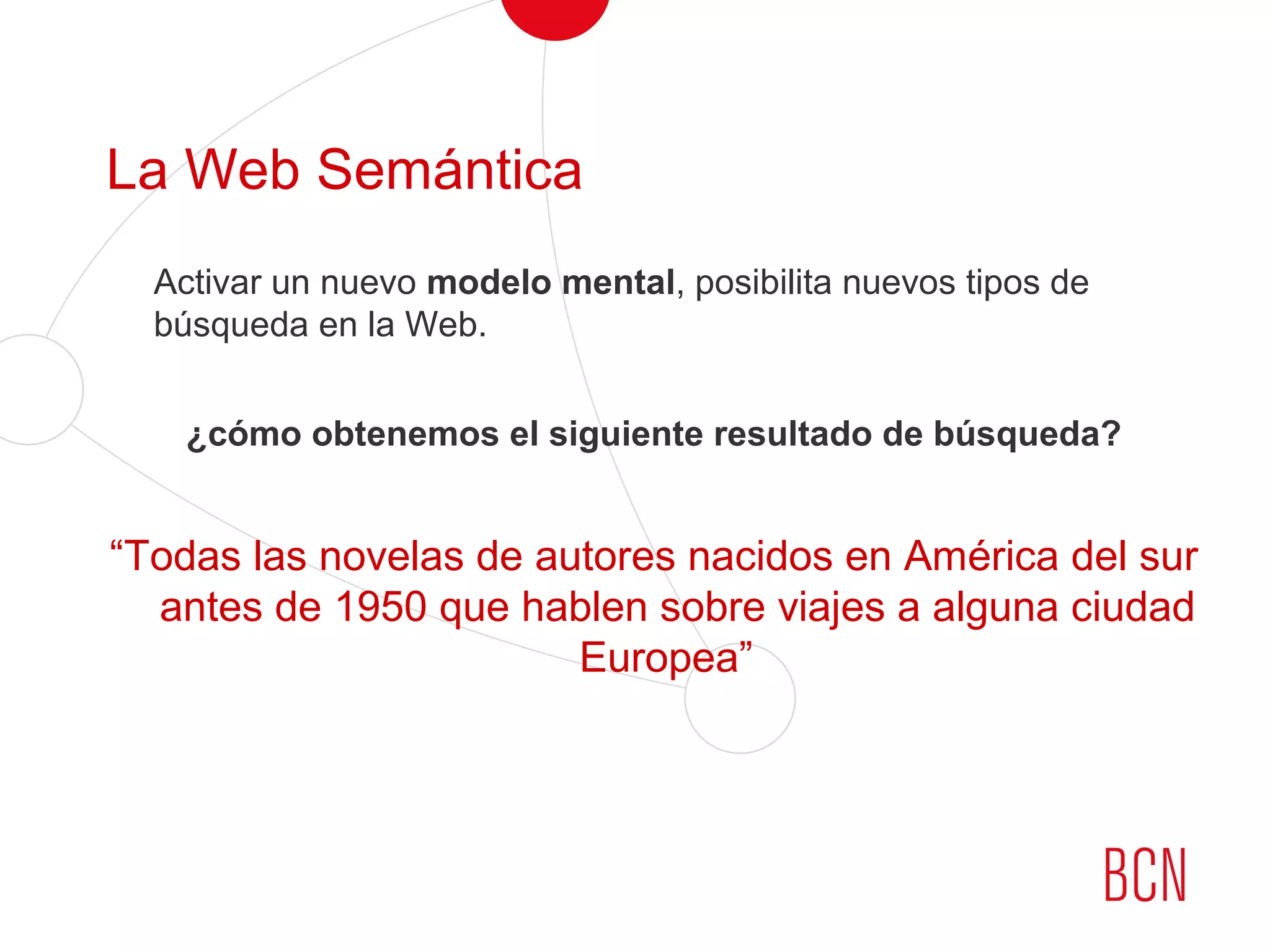 La Web Semántica
Activar un nuevo modelo mental, posibilita nuevos tipos de
búsqueda en la Web.
¿cómo obtenemos el siguiente resultado de búsqueda?
“Todas las novelas de autores nacidos en América del sur
antes de 1950 que hablen sobre viajes a alguna ciudad
Europea”
 