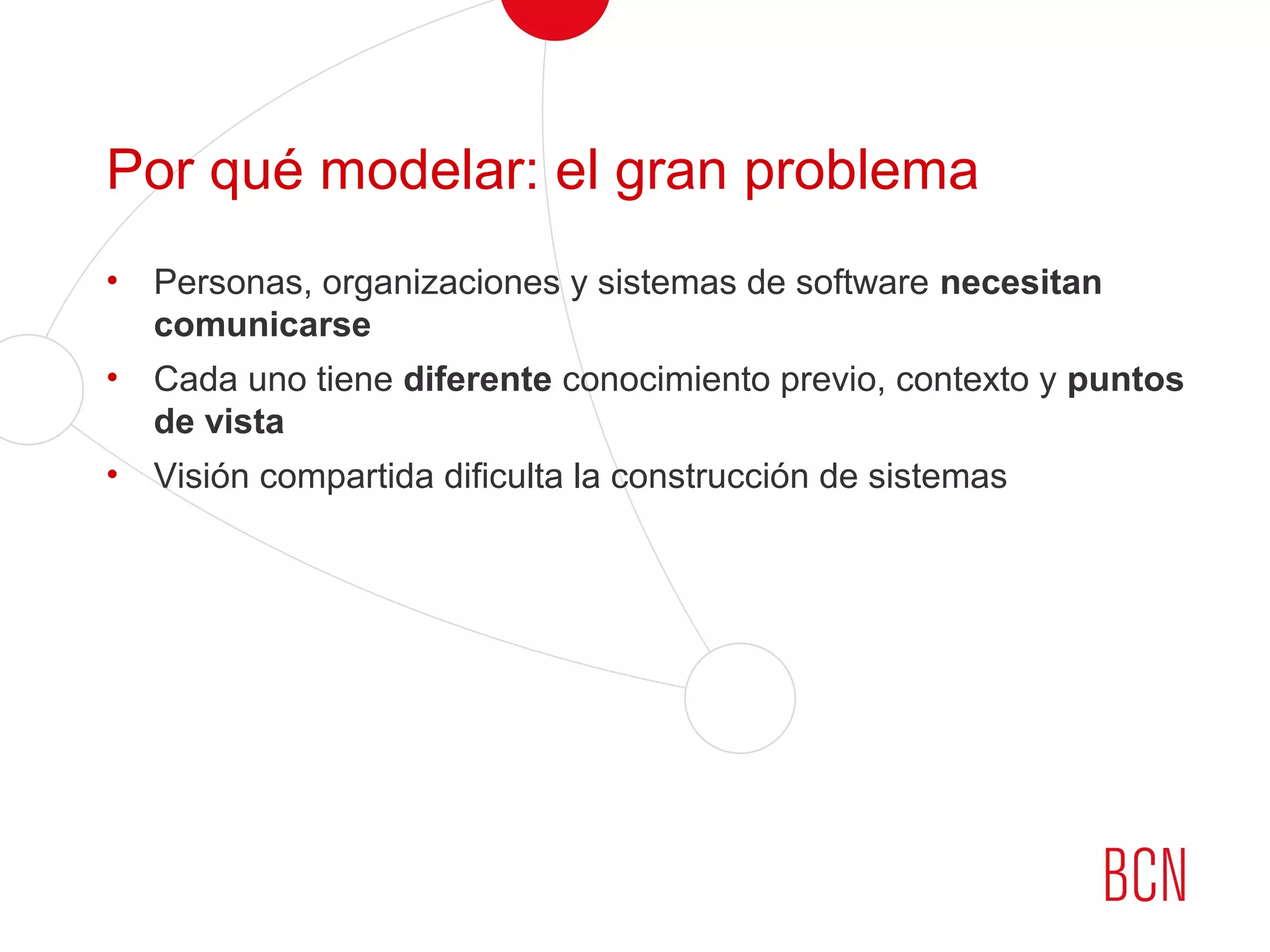 Por qué modelar: el gran problema
• Personas, organizaciones y sistemas de software necesitan
comunicarse
• Cada uno tiene diferente conocimiento previo, contexto y puntos
de vista
• Visión compartida dificulta la construcción de sistemas
 