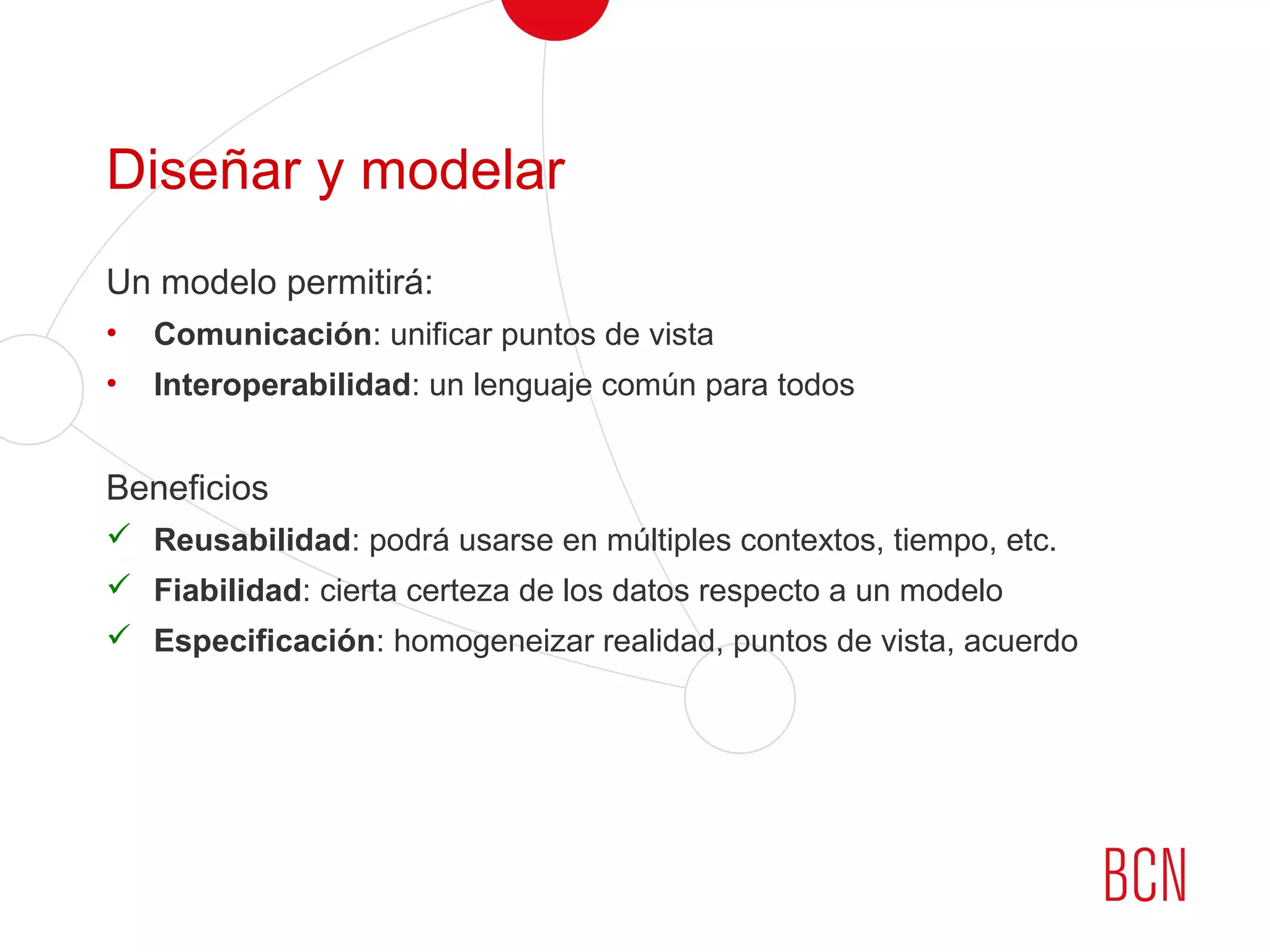 Diseñar y modelar
Un modelo permitirá:
• Comunicación: unificar puntos de vista
• Interoperabilidad: un lenguaje común para todos
Beneficios
 Reusabilidad: podrá usarse en múltiples contextos, tiempo, etc.
 Fiabilidad: cierta certeza de los datos respecto a un modelo
 Especificación: homogeneizar realidad, puntos de vista, acuerdo
 