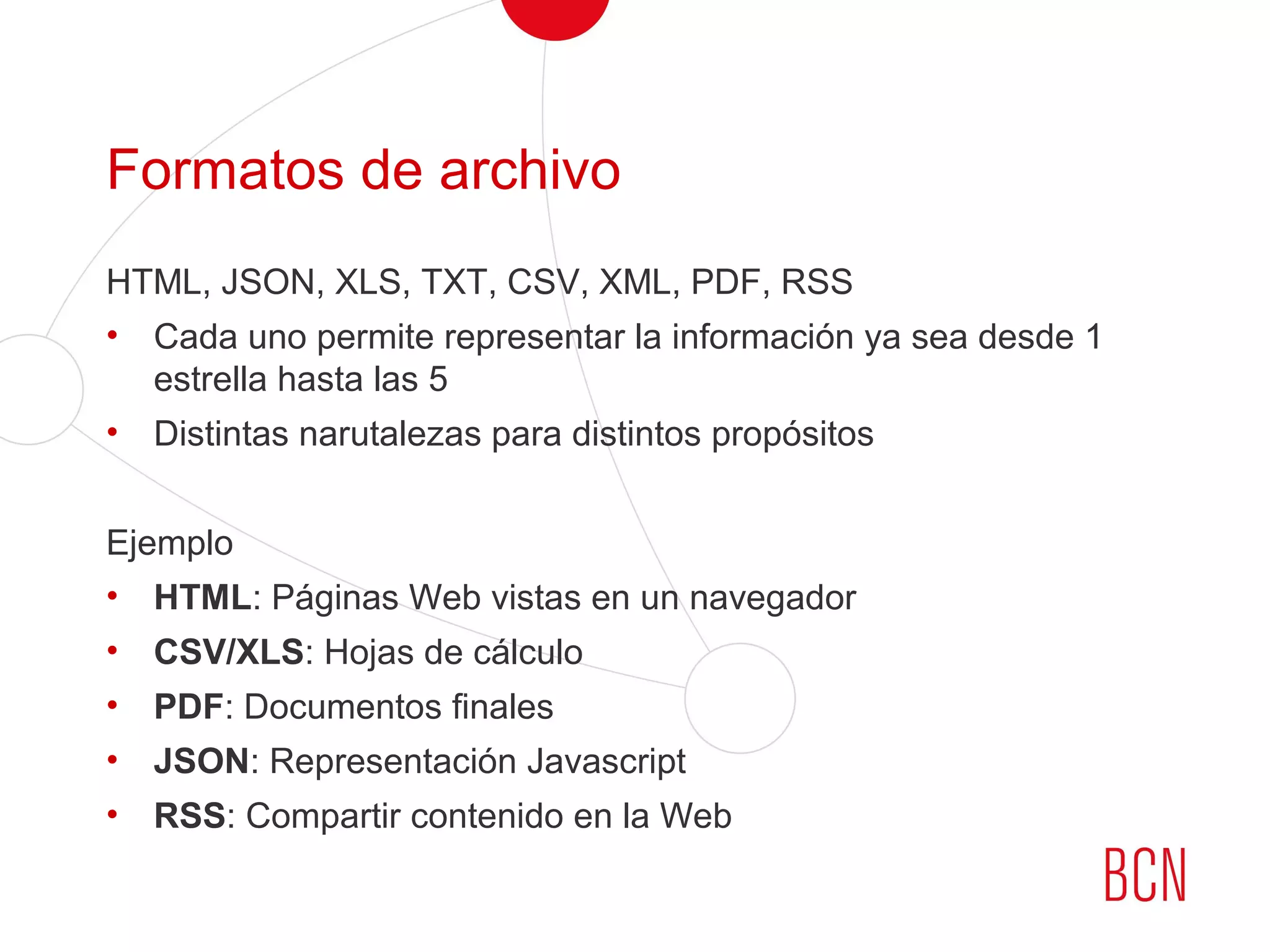 Formatos de archivo
HTML, JSON, XLS, TXT, CSV, XML, PDF, RSS
• Cada uno permite representar la información ya sea desde 1
estrella hasta las 5
• Distintas narutalezas para distintos propósitos
Ejemplo
• HTML: Páginas Web vistas en un navegador
• CSV/XLS: Hojas de cálculo
• PDF: Documentos finales
• JSON: Representación Javascript
• RSS: Compartir contenido en la Web
 