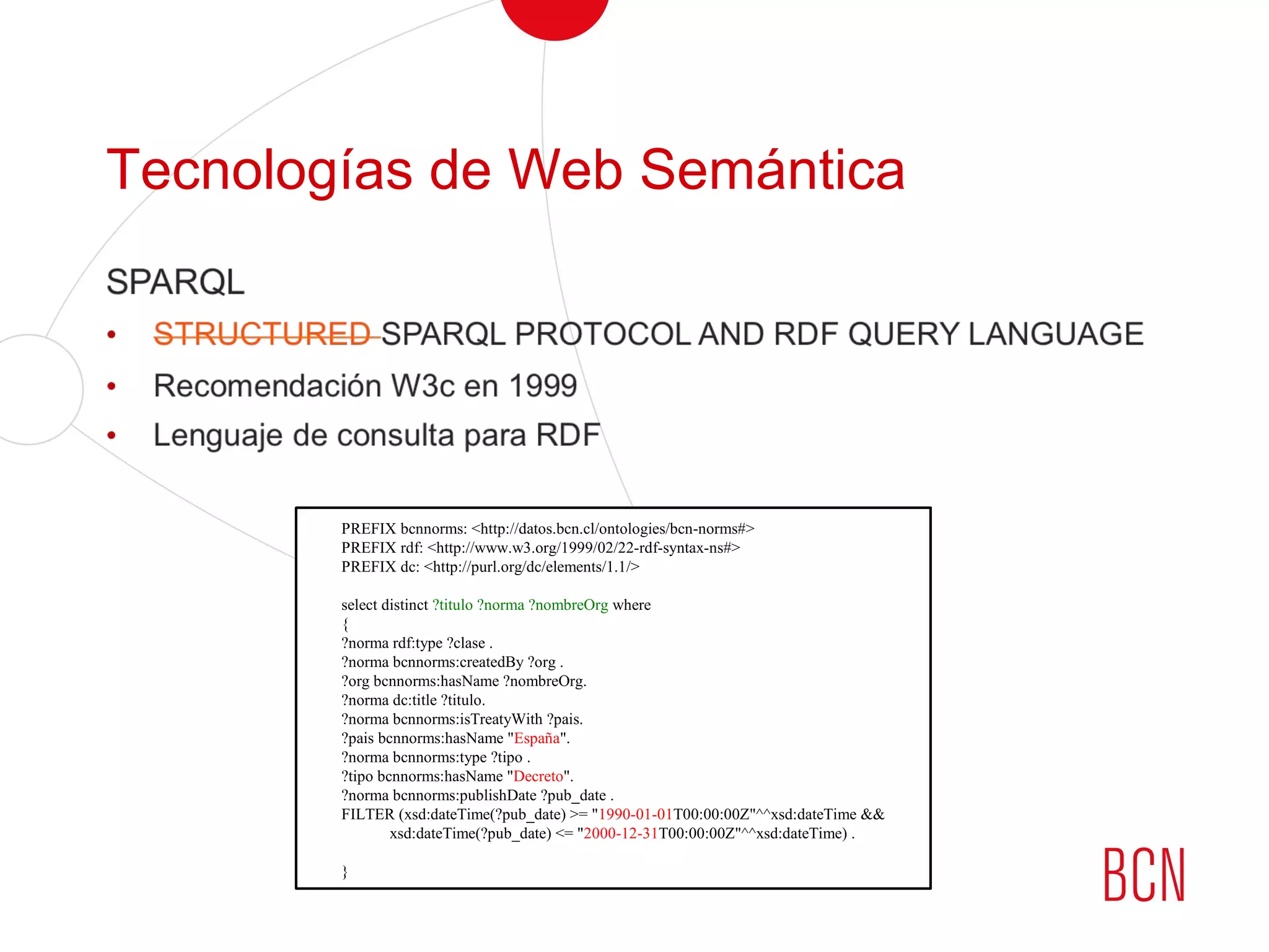 Tecnologías de Web Semántica
PREFIX bcnnorms: <http://datos.bcn.cl/ontologies/bcn-norms#>
PREFIX rdf: <http://www.w3.org/1999/02/22-rdf-syntax-ns#>
PREFIX dc: <http://purl.org/dc/elements/1.1/>
select distinct ?titulo ?norma ?nombreOrg where
{
?norma rdf:type ?clase .
?norma bcnnorms:createdBy ?org .
?org bcnnorms:hasName ?nombreOrg.
?norma dc:title ?titulo.
?norma bcnnorms:isTreatyWith ?pais.
?pais bcnnorms:hasName "España".
?norma bcnnorms:type ?tipo .
?tipo bcnnorms:hasName "Decreto".
?norma bcnnorms:publishDate ?pub_date .
FILTER (xsd:dateTime(?pub_date) >= "1990-01-01T00:00:00Z"^^xsd:dateTime &&
xsd:dateTime(?pub_date) <= "2000-12-31T00:00:00Z"^^xsd:dateTime) .
}
 