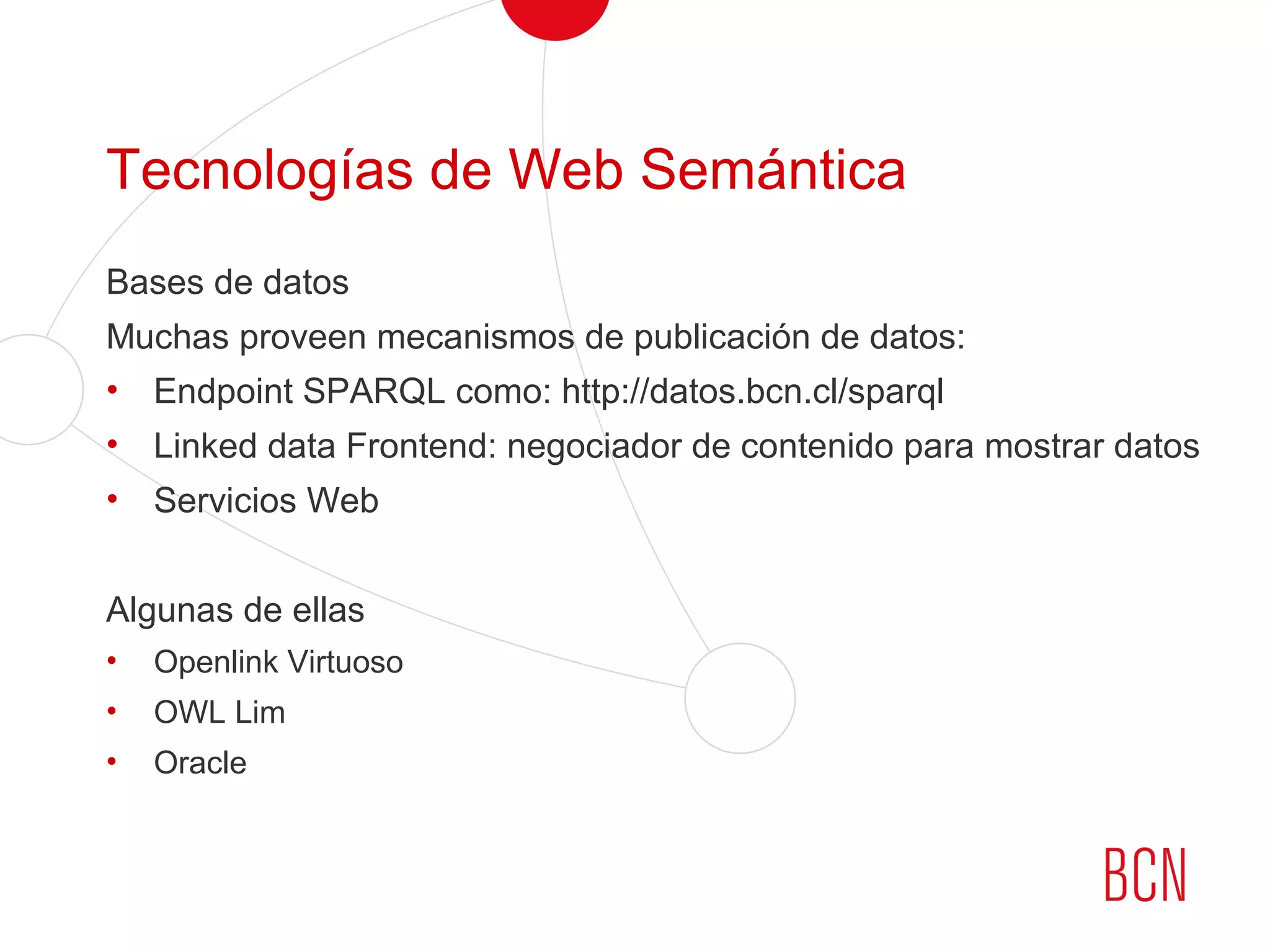 Tecnologías de Web Semántica
Bases de datos
Muchas proveen mecanismos de publicación de datos:
• Endpoint SPARQL como: http://datos.bcn.cl/sparql
• Linked data Frontend: negociador de contenido para mostrar datos
• Servicios Web
Algunas de ellas
• Openlink Virtuoso
• OWL Lim
• Oracle
 