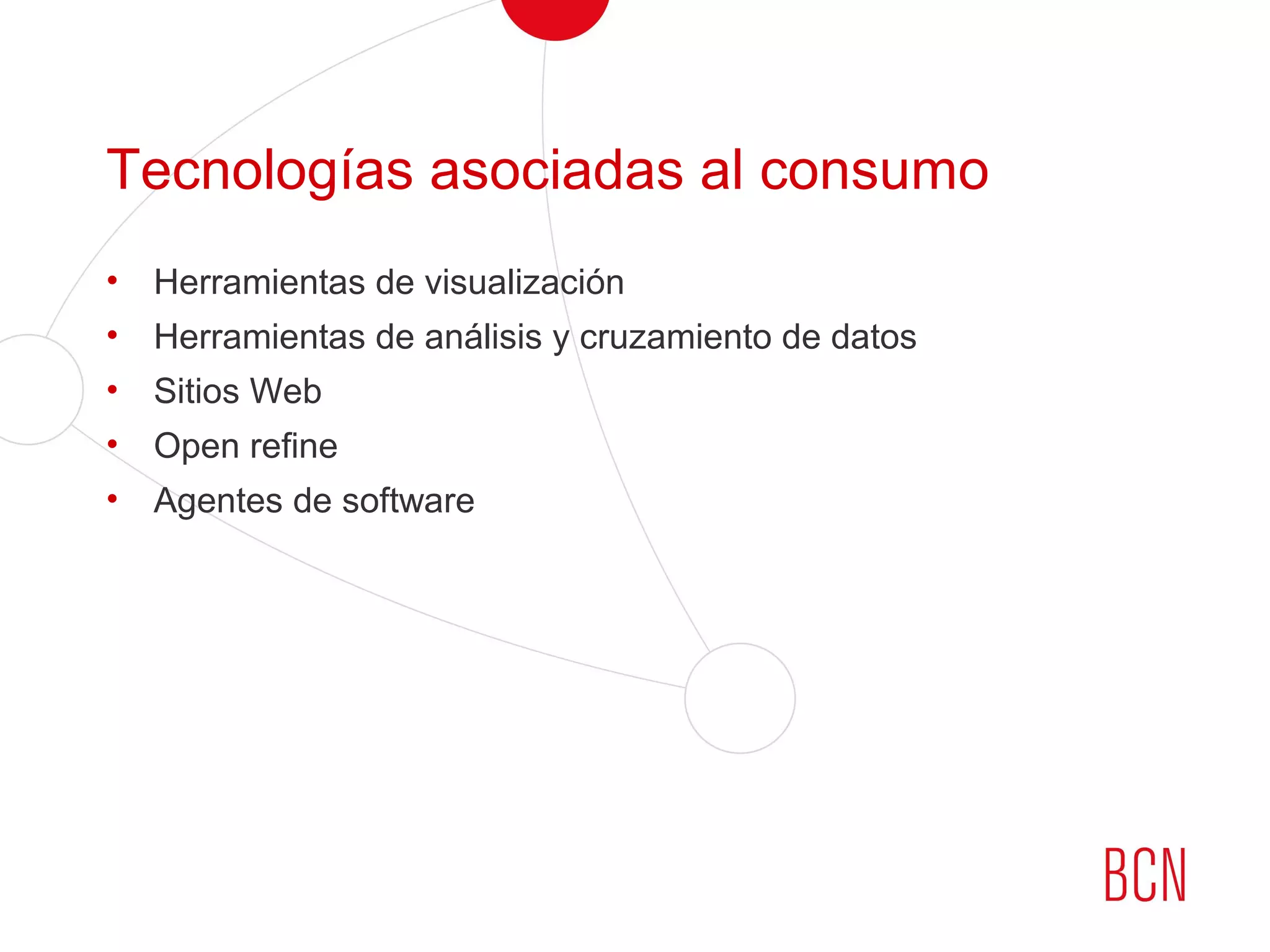 Tecnologías asociadas al consumo
• Herramientas de visualización
• Herramientas de análisis y cruzamiento de datos
• Sitios Web
• Open refine
• Agentes de software
 