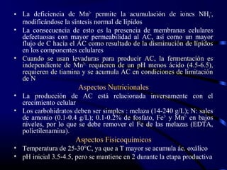 • La deficiencia de Mn2+
permite la acumulación de iones NH4
+
,
modificándose la síntesis normal de lípidos
• La consecuencia de esto es la presencia de membranas celulares
defectuosas con mayor permeabilidad al AC, así como un mayor
flujo de C hacia el AC como resultado de la disminución de lípidos
en los componentes celulares
• Cuando se usan levaduras para producir AC, la fermentación es
independiente de Mn2+,
requieren de un pH menos ácido (4.5-6.5),
requieren de tiamina y se acumula AC en condiciones de limitación
de N
Aspectos Nutricionales
• La producción de AC está relacionada inversamente con el
crecimiento celular
• Los carbohidratos deben ser simples : melaza (14-240 g/L); N: sales
de amonio (0.1-0.4 g/L); 0.1-0.2% de fosfato, Fe2+
y Mn2+
en bajos
niveles, por lo que se debe remover el Fe de las melazas (EDTA,
polietilenamina).
Aspectos Fisicoquímicos
• Temperatura de 25-30°C, ya que a T mayor se acumula ác. oxálico
• pH inicial 3.5-4.5, pero se mantiene en 2 durante la etapa productiva
 
