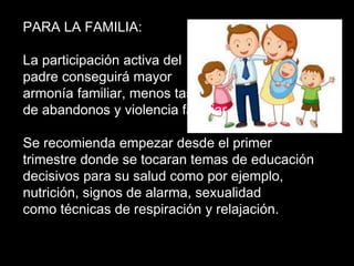 PARA LA FAMILIA: 
La participación activa del 
padre conseguirá mayor 
armonía familiar, menos tasa 
de abandonos y violencia familiar. 
Se recomienda empezar desde el primer 
trimestre donde se tocaran temas de educación 
decisivos para su salud como por ejemplo, 
nutrición, signos de alarma, sexualidad 
como técnicas de respiración y relajación. 
 