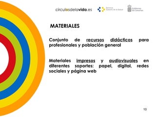 Conjunto de recursos didácticos para
profesionales y población general
Materiales impresos y audiovisuales en
diferentes soportes: papel, digital, redes
sociales y página web
MATERIALES
10
 