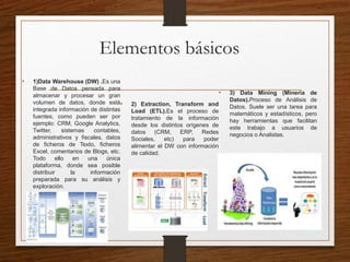 Elementos básicos
• 1)Data Warehouse (DW) .Es una
Base de Datos pensada para
almacenar y procesar un gran
volumen de datos, donde está
integrada información de distintas
fuentes, como pueden ser por
ejemplo: CRM, Google Analytics,
Twitter, sistemas contables,
administrativos y fiscales, datos
de ficheros de Texto, ficheros
Excel, comentarios de Blogs, etc.
Todo ello en una única
plataforma, donde sea posible
distribuir la información
preparada para su análisis y
exploración.
• 2) Extraction, Transform and
Load (ETL).Es el proceso de
tratamiento de la información
desde los distintos orígenes de
datos (CRM, ERP, Redes
Sociales, etc) para poder
alimentar el DW con información
de calidad.
• 3) Data Mining (Minería de
Datos).Proceso de Análisis de
Datos. Suele ser una tarea para
matemáticos y estadísticos, pero
hay herramientas que facilitan
este trabajo a usuarios de
negocios o Analistas.
 
