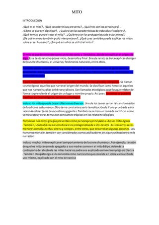 MITO
INTRODUCCION
¿Qué esel mito?, ¿Qué características presenta? ,¿Quiénessonlospersonajes? ,
¿Cómose puedenclasificar?, ¿Cuálessonlascaracterísticasde estasclasificaciones?,
¿Qué temas puede tratarel mito? , ¿Quiénessonlosprotagonistasde estosmitos?,
¿De qué manera tambiénpudointerpretarse?,¿Qué coastambiénpuede explicarlosmitos
sobre el serhumano?, ¿En qué estudiosse utilizóel mito?
El mitose puede entendercomounrelatocorto y fantástico,donde se explicanel origende
algo. Este textorelativoposee inicio,desarrolloyfinal .Eneste relatose trataexplicarel origen
de losseres humanos,el universo, fenómenos naturales,entre otros.
Tambiénposee característicascomopor ejemplo: se que se transmitande generaciónen
generación.Ademáspresentancomopersonajesadioses,héroesymortales divinizados.su
extensiónescorta
Y para mejorarel anailislosmitosse puedenclasificarentresgrandescategorías.Se llaman
cosmológicosaquellosque narranel origendel mundo.Se clasificancomoheroicosaquellos
que nos narran hazañasde héroesydioses.Sonllamadosetiológicosaquellosque relatande
formasorprendente el origende unlugaro nombre propio.Asípues. Losmitosse pueden
clasificarenCosmológicos,heroicosyetiológico
Inclusolosmitos puede desarrollartemasdiversos .Unode lostemasserianlatransformación
de losdiosesenhumanos.Otrotemaconstantesserialarealizaciónde Yuna pruebade valor
.ademásestáel temade monstrosy gigantes.Tambiénse reiterauntemade sacrificio.como
vemosestosyotros temassonconstantestrópicosenlosrelatomitológicos
Por locual losmitosgriegospresentancomopersonajes principalesa diosesmitológicos
.También,sonloshéroesosemidioseslosprotagonistasde estosrelatos .Existenotrosseres
menorescomolasninfas,sirenayciclopes,entre otros,que desarrollanalgunasacciones.Los
humanosmortalestambiénsonconsiderados comocatalizadoresde algunassituacionesenla
narración
Inclusomuchosmitosexplicanel comportamientode lossereshumanos.Porejemplo,larazón
de que los mitosseanmásapegadosa sus madrescomoen el mitoEdipo.Ademásla
contraparte del afectode las niñashacialospadreses explicadocomoel complejode Electra
.Tambiénotrapatologíaes laconocidacomo narcisismoque consiste ensobre valoraciónde
unomismo,explicadoconel mitode narciso
 