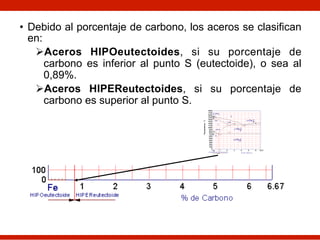 • Debido al porcentaje de carbono, los aceros se clasifican
en:
ØAceros HIPOeutectoides, si su porcentaje de
carbono es inferior al punto S (eutectoide), o sea al
0,89%.
ØAceros HIPEReutectoides, si su porcentaje de
carbono es superior al punto S.
 