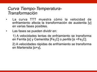Curva Tiempo-Temperatura-
Transformación
• La curva TTT muestra cómo la velocidad de
enfriamiento afecta la transformación de austenita [γ]
en varias fases posibles.
• Las fases se pueden dividir en:
1) A velocidades lentas de enfriamiento se transforma
en Ferrita [α] y Cementita [Fe3C] o perlita [α +Fe3C].
2) A velocidades rápidas de enfriamiento se transforma
en Martensita [α+γ].
 