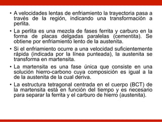 • A velocidades lentas de enfriamiento la trayectoria pasa a
través de la región, indicando una transformación a
perlita.
• La perlita es una mezcla de fases ferrita y carburo en la
forma de placas delgadas paralelas (cementita). Se
obtiene por enfriamiento lento de la austenita.
• Si el enfriamiento ocurre a una velocidad suficientemente
rápida (indicada por la línea punteada), la austenita se
transforma en martensita.
• La martensita es una fase única que consiste en una
solución hierro-carbono cuya composición es igual a la
de la austenita de la cual deriva.
• La estructura tetragonal centrada en el cuerpo (BCT) de
la martensita está en función del tiempo y es necesario
para separar la ferrita y el carburo de hierro (austenita).
 