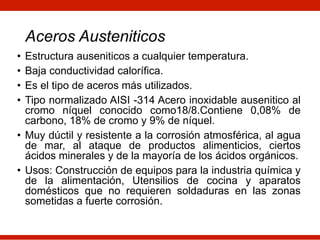 • Estructura auseniticos a cualquier temperatura.
• Baja conductividad calorífica.
• Es el tipo de aceros más utilizados.
• Tipo normalizado AISI -314 Acero inoxidable ausenitico al
cromo níquel conocido como18/8.Contiene 0,08% de
carbono, 18% de cromo y 9% de níquel.
• Muy dúctil y resistente a la corrosión atmosférica, al agua
de mar, al ataque de productos alimenticios, ciertos
ácidos minerales y de la mayoría de los ácidos orgánicos.
• Usos: Construcción de equipos para la industria química y
de la alimentación, Utensilios de cocina y aparatos
domésticos que no requieren soldaduras en las zonas
sometidas a fuerte corrosión.
Aceros Austeniticos
 