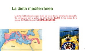 32
La dieta mediterránea incorpora todas las bases de una alimentación saludable.
Se corresponde con el patrón de alimentación DIARIO de los países de la
cuenca del Mediterránea en la DÉCADA DE LOS 60.
La dieta mediterránea
 
