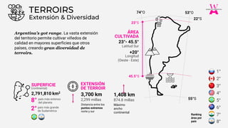 Extensión & Diversidad
TERROIRS
Argentina’s got range. La vasta extensión
del territorio permite cultivar viñedos de
calidad en mayores superficies que otros
países, creando gran diversidad de
terroirs.
Ranking
área por
país
Máximo
ancho
continental
55°S
22°S
74°O 53°O
Distancia entre los
puntos extremos
norte y sur
1,408 km
874.8 millas
3,700 km
2,299 millas
2,791,810 km2
SUPERFICIE
(continental)
país más extenso
del planeta
8°
país más grande
de Sudamérica
2°
1°
2°
3°
4°
5°
6°
7°
8°
Latitud Sur
ÁREA
CULTIVADA
+20°
Longitud
(Oeste - Este)
23°- 45.5°
45.5°S
23°S
EXTENSIÓN
DE TERROIR
 
