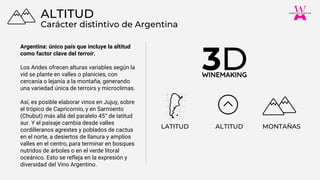 Argentina: único país que incluye la altitud
como factor clave del terroir.
Los Andes ofrecen alturas variables según la
vid se plante en valles o planicies, con
cercanía o lejanía a la montaña, generando
una variedad única de terroirs y microclimas.
Así, es posible elaborar vinos en Jujuy, sobre
el trópico de Capricornio, y en Sarmiento
(Chubut) más allá del paralelo 45° de latitud
sur. Y el paisaje cambia desde valles
cordilleranos agrestes y poblados de cactus
en el norte, a desiertos de llanura y amplios
valles en el centro, para terminar en bosques
nutridos de árboles o en el verde litoral
oceánico. Esto se refleja en la expresión y
diversidad del Vino Argentino.
LATITUD ALTITUD MONTAÑAS
3D
WINEMAKING
Carácter distintivo de Argentina
ALTITUD
 