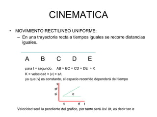 CINEMATICA
• MOVIMIENTO RECTILINEO UNIFORME:
– En una trayectoria recta a tiempos iguales se recorre distancias
iguales.
A B C D E
para t = segundo. AB = BC = CD = DE = K
K = velocidad = |v| = s/t.
ya que |v| es constante, el espacio recorrido dependerá del tiempo
s
sf
si α
ti tf t
Velocidad será la pendiente del gráfico, por tanto será Δs/ Δt, es decir tan α
 