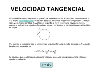 VELOCIDAD TANGENCIAL
Es la velocidad del móvil (distancia que recorre en el tiempo). Por lo tanto para distintos radios y
a la misma velocidad angular, el móvil se desplaza a distintas velocidades tangenciales. A mayor
radio y a la misma cantidad de vueltas por segundo, el móvil recorre una trayectoria mayor,
porque el perímetro de esa circunferencia es mayor y por lo tanto la velocidad tangencial también
es mayor.
Por ejemplo si se recorre todo el perímetro de una circunferencia de radio 5 metros en 1 segundo,
la velocidad tangencial es:
La ecuación que se utiliza para calcular la velocidad tangencial se expresa como la velocidad
angular por el radio:
 