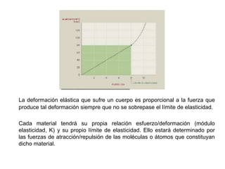 La deformación elástica que sufre un cuerpo es proporcional a la fuerza que
produce tal deformación siempre que no se sobrepase el límite de elasticidad.
Cada material tendrá su propia relación esfuerzo/deformación (módulo
elasticidad, K) y su propio límite de elasticidad. Ello estará determinado por
las fuerzas de atracción/repulsión de las moléculas o átomos que constituyan
dicho material.
 