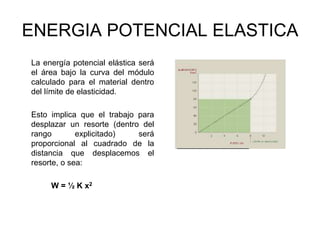 ENERGIA POTENCIAL ELASTICA
La energía potencial elástica será
el área bajo la curva del módulo
calculado para el material dentro
del límite de elasticidad.
Esto implica que el trabajo para
desplazar un resorte (dentro del
rango explicitado) será
proporcional al cuadrado de la
distancia que desplacemos el
resorte, o sea:
W = ½ K x2
 