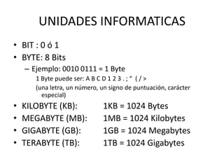 UNIDADES INFORMATICAS
• BIT : 0 ó 1
• BYTE: 8 Bits
    – Ejemplo: 0010 0111 = 1 Byte
       1 Byte puede ser: A B C D 1 2 3 . ; “ ( / >
       (una letra, un número, un signo de puntuación, carácter
         especial)
•   KILOBYTE (KB):            1KB = 1024 Bytes
•   MEGABYTE (MB):            1MB = 1024 Kilobytes
•   GIGABYTE (GB):            1GB = 1024 Megabytes
•   TERABYTE (TB):            1TB = 1024 Gigabytes
 