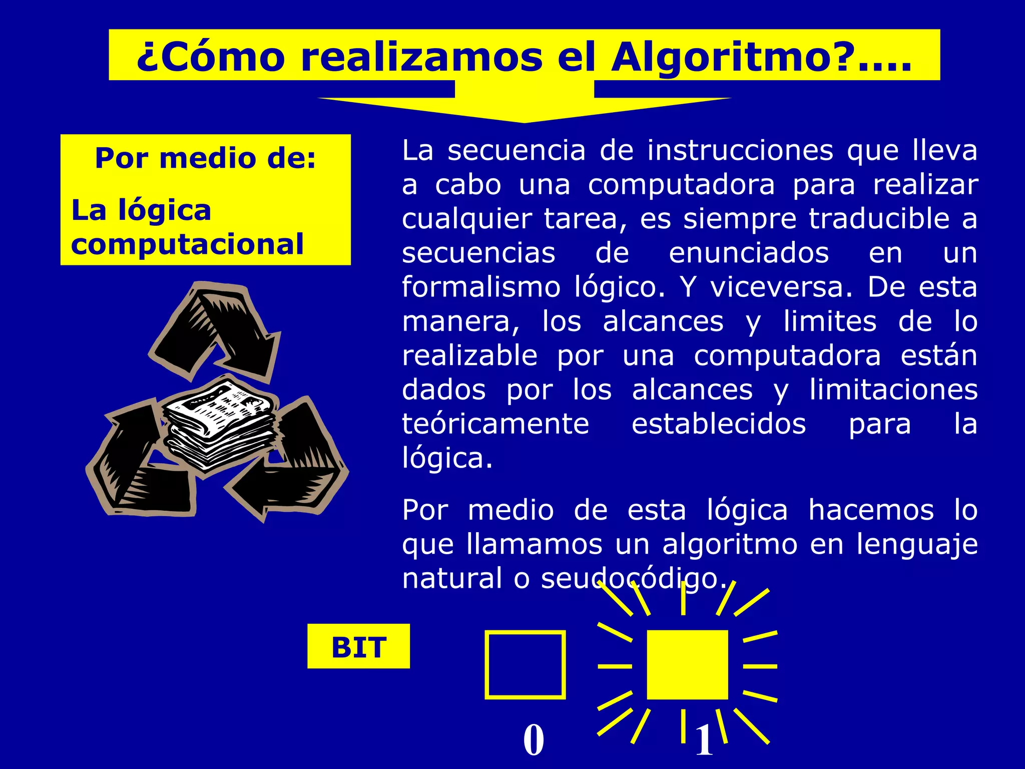 Por medio de: La lógica computacional La secuencia de instrucciones que lleva a cabo una computadora para realizar cualquier tarea, es siempre traducible a secuencias de enunciados en un formalismo lógico. Y viceversa. De esta manera, los alcances y limites de lo realizable por una computadora están dados por los alcances y limitaciones teóricamente establecidos para la lógica.  Por medio de esta lógica hacemos lo que llamamos un algoritmo en lenguaje natural o seudocódigo. 0 1 BIT ¿Cómo realizamos el Algoritmo?.... 