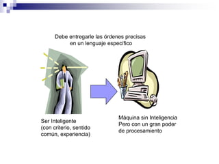 Ser Inteligente
(con criterio, sentido
común, experiencia)
Máquina sin Inteligencia
Pero con un gran poder
de procesamiento
Debe entregarle las órdenes precisas
en un lenguaje específico
 