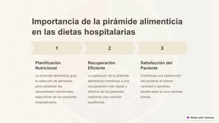 Importancia de la pirámide alimenticia
en las dietas hospitalarias
Planificación
Nutricional
La pirámide alimenticia guía
la selección de alimentos
para satisfacer las
necesidades nutricionales
específicas de los pacientes
hospitalizados.
Recuperación
Eficiente
La aplicación de la pirámide
alimenticia contribuye a una
recuperación más rápida y
efectiva de los pacientes
mediante una nutrición
equilibrada.
Satisfacción del
Paciente
Contribuye a la satisfacción
del paciente al ofrecer
variedad y opciones
equilibradas en sus comidas
diarias.
 