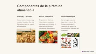 Componentes de la pirámide
alimenticia
Granos y Cereales
Incluyen pan, arroz, avena y
cereales integrales. Son una
fuente importante de energía
y fibra dietética.
Frutas y Verduras
Proporcionan vitaminas,
minerales y antioxidantes
esenciales para fortalecer el
sistema inmunológico y
mantener la salud general.
Proteínas Magras
Carne magra, pescado,
legumbres y nueces. Son
fundamentales para la
reparación de tejidos y el
funcionamiento adecuado del
organismo.
 