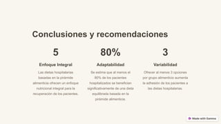 Conclusiones y recomendaciones
5
Enfoque Integral
Las dietas hospitalarias
basadas en la pirámide
alimenticia ofrecen un enfoque
nutricional integral para la
recuperación de los pacientes.
80%
Adaptabilidad
Se estima que al menos el
80% de los pacientes
hospitalizados se benefician
significativamente de una dieta
equilibrada basada en la
pirámide alimenticia.
3
Variabilidad
Ofrecer al menos 3 opciones
por grupo alimenticio aumenta
la adhesión de los pacientes a
las dietas hospitalarias.
 