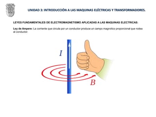UNIDAD 3: INTRODUCCIÓN A LAS MAQUINAS ELÉCTRICAS Y TRANSFORMADORES.
LEYES FUNDAMENTALES DE ELECTROMAGNETISMO APLICADAS A LAS MAQUINAS ELECTRICAS:
Ley de Ampere: La corriente que circula por un conductor produce un campo magnético proporcional que rodea
al conductor.
 