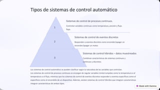Tipos de sistemas de control automático
1
Sistemas de control de procesos continuos.
Controlan variables continuas como temperatura, presión y flujo.
flujo.
2
Sistemas de control de eventos discretos
Responden a eventos discretos como encender/apagar un
encender/apagar un motor.
3
Sistemas de control híbridos – datos muestreados
Combinan características de sistemas continuos y
continuos y discretos.
Los sistemas de control automático se pueden clasificar según la naturaleza de las variables que controlan.
Los sistemas de control de procesos continuos se encargan de regular variables ininterrumpidas como la temperatura o el
temperatura o el flujo, mientras que los sistemas de control de eventos discretos responden a eventos específicos como el
específicos como el encendido de un dispositivo. Además, existen sistemas de control híbridos que integran características
integran características de ambos tipos. preencoded.png
 