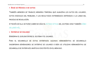 Introducción a los Sistemas Expertos 10
• BASE DE HECHOS O DE DATOS
TAMBIÉN MEMORIA DE TRABAJO, MEMORIA TEMPORAL QUE ALMACENA LOS DATOS DEL USUARIO,
DATOS INICIALES DEL PROBLEMA, Y LOS RESULTADOS INTERMEDIOS OBTENIDOS A LO LARGO DEL
PROCESO DE RESOLUCIÓN.
A TRAVÉS DE ELLA SE PUEDE SABER NO SÓLO EL ESTADO ACTUAL DEL SISTEMA SINO TAMBIÉN CÓMO
SE LLEGÓ A ÉL.
• INTERFAZ DE USUARIO
GOBIERNA EL DIÁLOGO ENTRE EL SISTEMA Y EL USUARIO.
PARA EL DESARROLLO DE ESTAS INTERFACES ALGUNAS HERRAMIENTAS DE DESARROLLO
INCORPORAN GENERADORES DE INTERFAZ DE USUARIO O BIEN SE UTILIZAN HERRAMIENTAS DE
DESARROLLO DE INTERFACES GRÁFICAS EXISTENTES EN EL MERCADO.
 