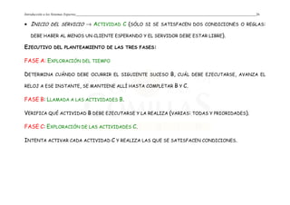 Introducción a los Sistemas Expertos 26
• INICIO DEL SERVICIO → ACTIVIDAD C (SÓLO SI SE SATISFACEN DOS CONDICIONES O REGLAS:
DEBE HABER AL MENOS UN CLIENTE ESPERANDO Y EL SERVIDOR DEBE ESTAR LIBRE).
EJECUTIVO DEL PLANTEAMIENTO DE LAS TRES FASES:
FASE A: EXPLORACIÓN DEL TIEMPO
DETERMINA CUÁNDO DEBE OCURRIR EL SIGUIENTE SUCESO B, CUÁL DEBE EJECUTARSE, AVANZA EL
RELOJ A ESE INSTANTE, SE MANTIENE ALLÍ HASTA COMPLETAR B Y C.
FASE B: LLAMADA A LAS ACTIVIDADES B.
VERIFICA QUÉ ACTIVIDAD B DEBE EJECUTARSE Y LA REALIZA (VARIAS: TODAS Y PRIORIDADES).
FASE C: EXPLORACIÓN DE LAS ACTIVIDADES C.
INTENTA ACTIVAR CADA ACTIVIDAD C Y REALIZA LAS QUE SE SATISFACEN CONDICIONES.
 