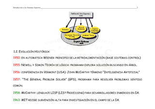 Introducción a los Sistemas Expertos 3
1.2. EVOLUCIÓN HISTÓRICA:
1950: EN AUTOMÁTICA WIENER: PRINCIPIO DE LA RETROALIMENTACIÓN (BASE SISTEMAS CONTROL)
1955: NEWELL Y SIMON TEORÍA DE LÓGICA: PROGRAMA EXPLORA SOLUCIÓN BUSCANDO EN ÁRBOL.
1956: CONFERENCIA EN VERMONT (USA): JOHN MCCARTHY TÉRMINO “INTELIGENCIA ARTIFICIAL”
1957: “THE GENERAL PROBLEM SOLVER” (GPS), PROGRAMA PARA RESOLVER PROBLEMAS SENTIDO
COMÚN.
1958: MCCARTHY: LENGUAJE LISP (LIST PROCESSING) PARA DESARROLLADORES INMERSOS EN IA.
1963: MIT RECIBE SUBVENCIÓN ALTA PARA INVESTIGACIÓN EN EL CAMPO DE LA IA.
 