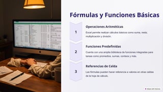 Fórmulas y Funciones Básicas
Operaciones Aritméticas
Excel permite realizar cálculos básicos como suma, resta,
multiplicación y división.
Funciones Predefinidas
Cuenta con una amplia biblioteca de funciones integradas para
tareas como promedios, sumas, conteos y más.
Referencias de Celda
Las fórmulas pueden hacer referencia a valores en otras celdas
de la hoja de cálculo.
 