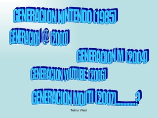 GENERACION NINTENDO (1985) GENERACION  @  (2000) GENERACION YOUTUBE  (2006) GENERACION MOJITI (2007).............? GENERACION M  (2004) 