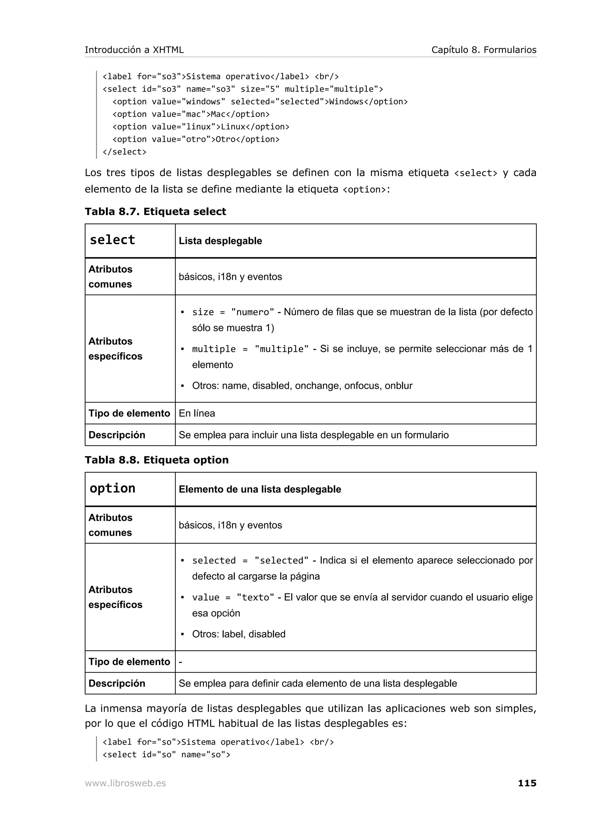 <label for="so3">Sistema operativo</label> <br/>
<select id="so3" name="so3" size="5" multiple="multiple">
<option value="windows" selected="selected">Windows</option>
<option value="mac">Mac</option>
<option value="linux">Linux</option>
<option value="otro">Otro</option>
</select>
Los tres tipos de listas desplegables se definen con la misma etiqueta <select> y cada
elemento de la lista se define mediante la etiqueta <option>:
Tabla 8.7. Etiqueta select
select Lista desplegable
Atributos
comunes
básicos, i18n y eventos
Atributos
específicos
▪ size = "numero" - Número de filas que se muestran de la lista (por defecto
sólo se muestra 1)
▪ multiple = "multiple" - Si se incluye, se permite seleccionar más de 1
elemento
▪ Otros: name, disabled, onchange, onfocus, onblur
Tipo de elemento En línea
Descripción Se emplea para incluir una lista desplegable en un formulario
Tabla 8.8. Etiqueta option
option Elemento de una lista desplegable
Atributos
comunes
básicos, i18n y eventos
Atributos
específicos
▪ selected = "selected" - Indica si el elemento aparece seleccionado por
defecto al cargarse la página
▪ value = "texto" - El valor que se envía al servidor cuando el usuario elige
esa opción
▪ Otros: label, disabled
Tipo de elemento -
Descripción Se emplea para definir cada elemento de una lista desplegable
La inmensa mayoría de listas desplegables que utilizan las aplicaciones web son simples,
por lo que el código HTML habitual de las listas desplegables es:
<label for="so">Sistema operativo</label> <br/>
<select id="so" name="so">
Introducción a XHTML Capítulo 8. Formularios
www.librosweb.es 115
 
