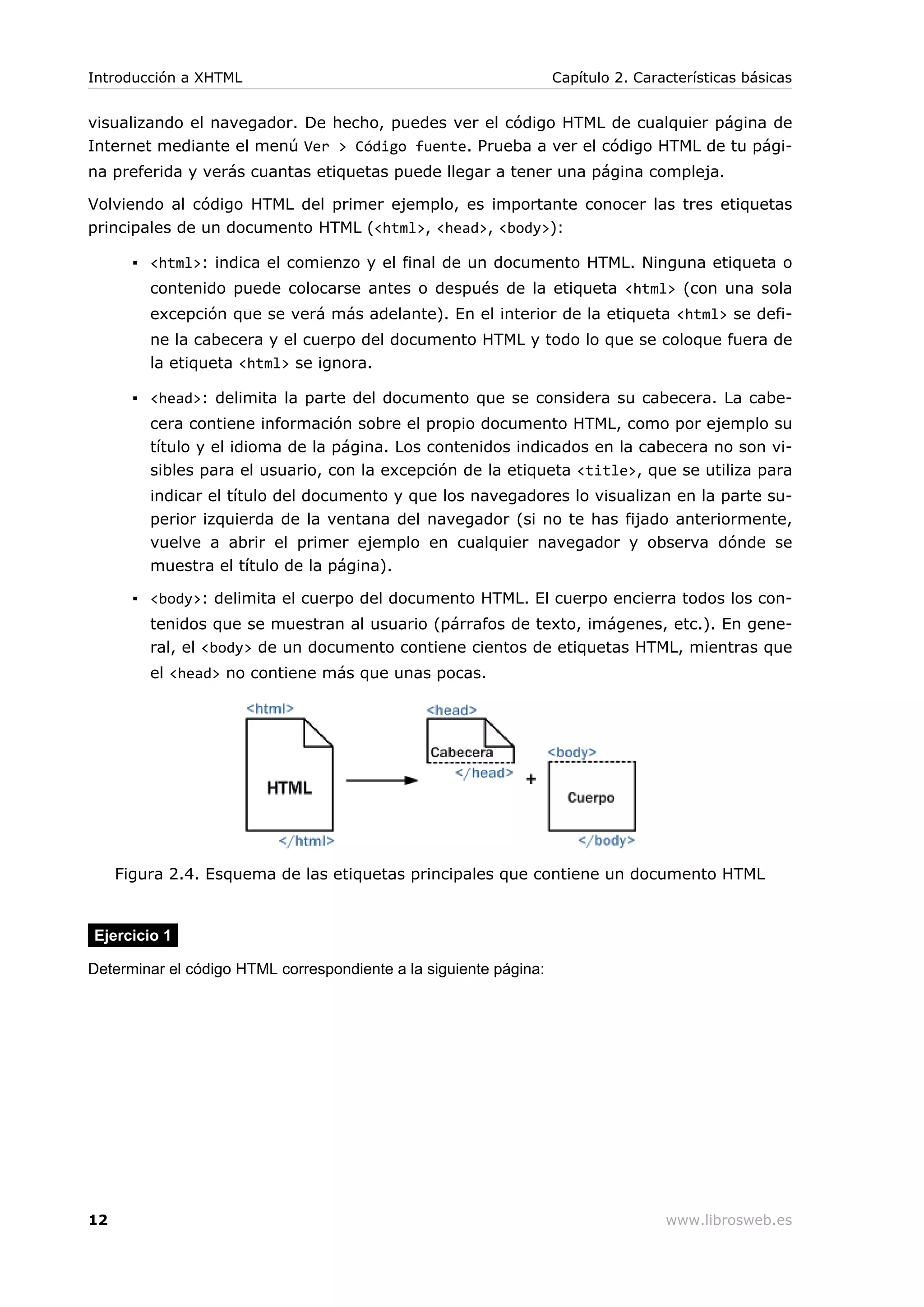 visualizando el navegador. De hecho, puedes ver el código HTML de cualquier página de
Internet mediante el menú Ver > Código fuente. Prueba a ver el código HTML de tu pági-
na preferida y verás cuantas etiquetas puede llegar a tener una página compleja.
Volviendo al código HTML del primer ejemplo, es importante conocer las tres etiquetas
principales de un documento HTML (<html>, <head>, <body>):
▪ <html>: indica el comienzo y el final de un documento HTML. Ninguna etiqueta o
contenido puede colocarse antes o después de la etiqueta <html> (con una sola
excepción que se verá más adelante). En el interior de la etiqueta <html> se defi-
ne la cabecera y el cuerpo del documento HTML y todo lo que se coloque fuera de
la etiqueta <html> se ignora.
▪ <head>: delimita la parte del documento que se considera su cabecera. La cabe-
cera contiene información sobre el propio documento HTML, como por ejemplo su
título y el idioma de la página. Los contenidos indicados en la cabecera no son vi-
sibles para el usuario, con la excepción de la etiqueta <title>, que se utiliza para
indicar el título del documento y que los navegadores lo visualizan en la parte su-
perior izquierda de la ventana del navegador (si no te has fijado anteriormente,
vuelve a abrir el primer ejemplo en cualquier navegador y observa dónde se
muestra el título de la página).
▪ <body>: delimita el cuerpo del documento HTML. El cuerpo encierra todos los con-
tenidos que se muestran al usuario (párrafos de texto, imágenes, etc.). En gene-
ral, el <body> de un documento contiene cientos de etiquetas HTML, mientras que
el <head> no contiene más que unas pocas.
Figura 2.4. Esquema de las etiquetas principales que contiene un documento HTML
Ejercicio 1
Determinar el código HTML correspondiente a la siguiente página:
Introducción a XHTML Capítulo 2. Características básicas
12 www.librosweb.es
 