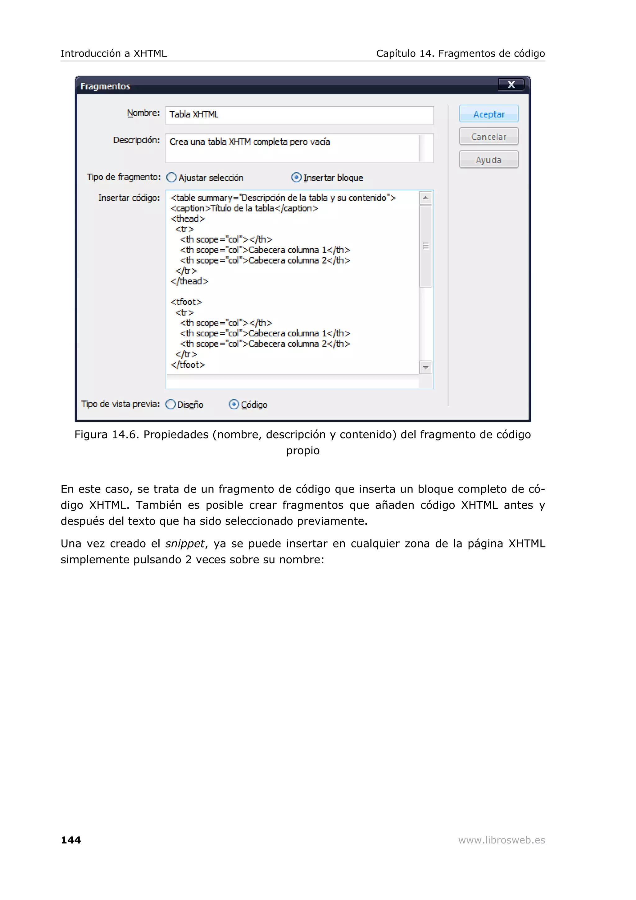 Figura 14.6. Propiedades (nombre, descripción y contenido) del fragmento de código
propio
En este caso, se trata de un fragmento de código que inserta un bloque completo de có-
digo XHTML. También es posible crear fragmentos que añaden código XHTML antes y
después del texto que ha sido seleccionado previamente.
Una vez creado el snippet, ya se puede insertar en cualquier zona de la página XHTML
simplemente pulsando 2 veces sobre su nombre:
Introducción a XHTML Capítulo 14. Fragmentos de código
144 www.librosweb.es
 